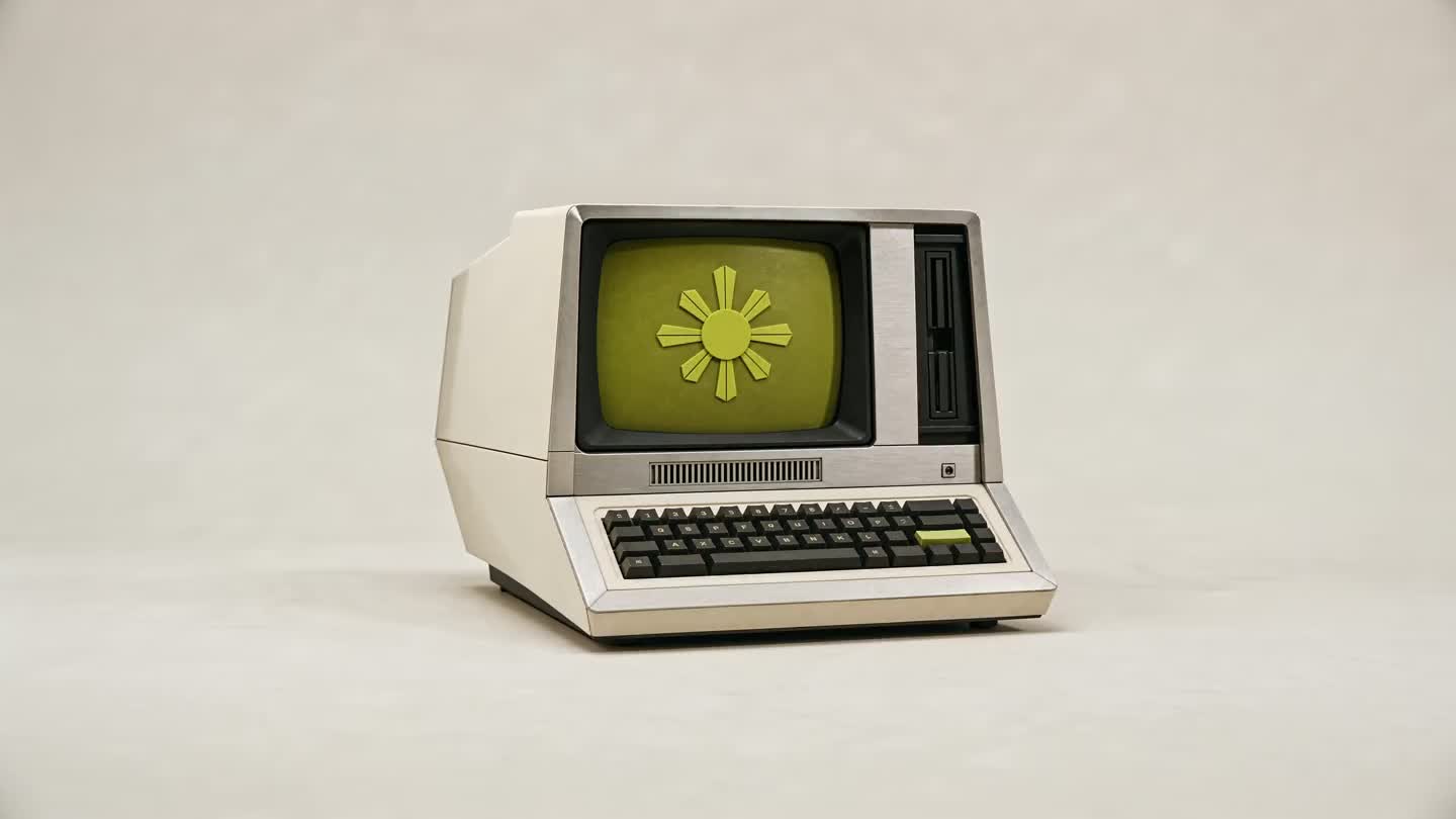 A retro computer with a glowing Philippine sun on its screen.